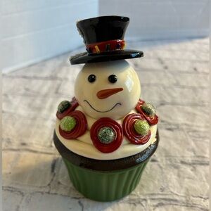 GANZ CERAMIC SNOWMAN CUPCAKE DECORATIVE TOP AND BOTTOM DISH